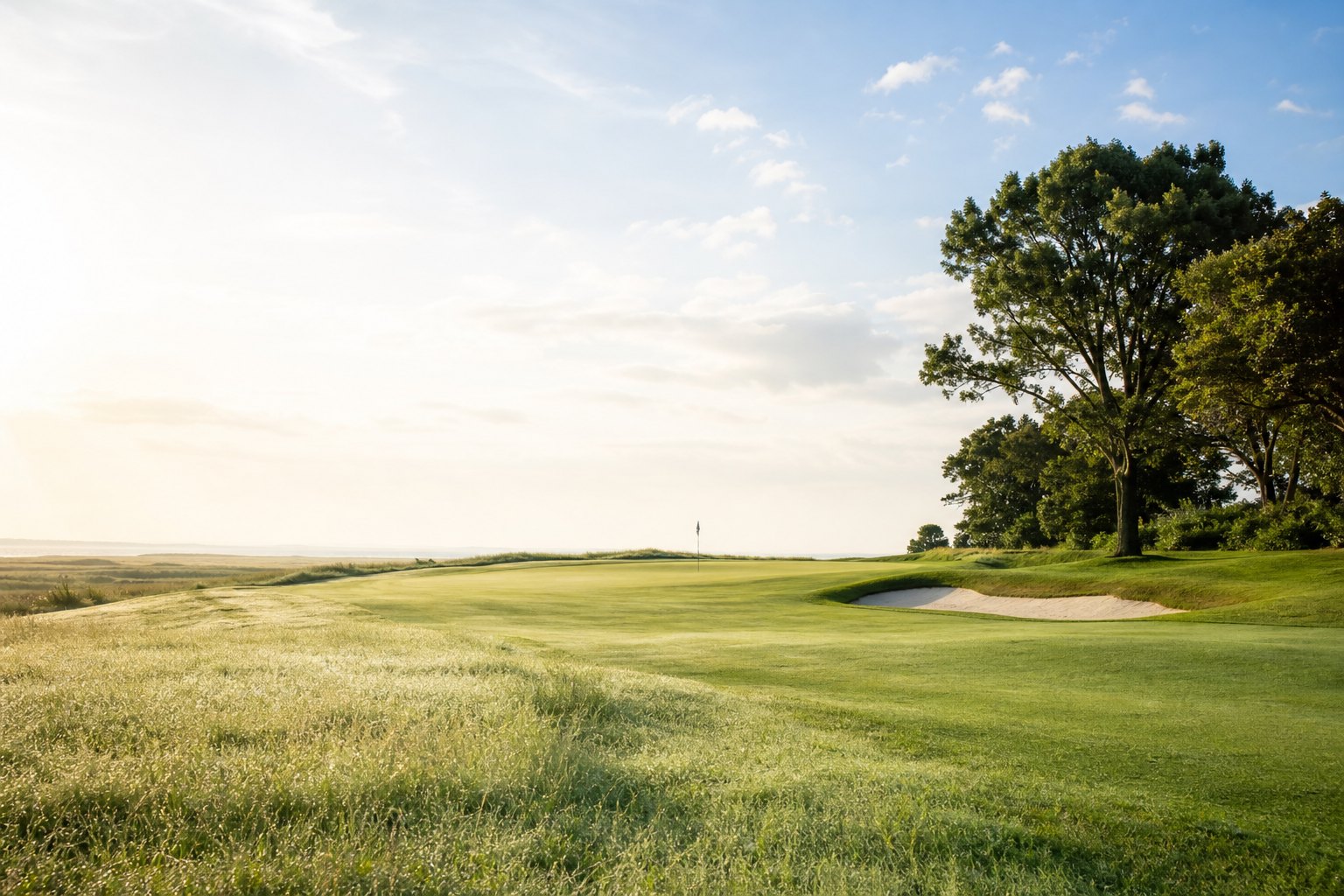 Sunlit championship fairway with morning dew and a distant green